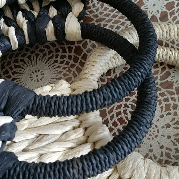 SALE Half Semi Circle Straw Ratan Woven Structured Tote Bag Black Cream Boho - Picture 9 of 10